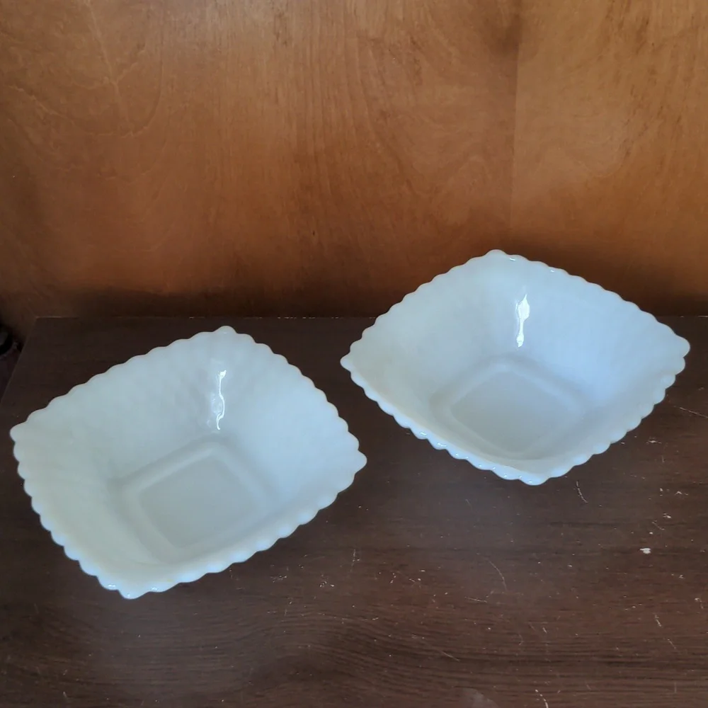 Vintage Square Shaped Mlik Glass Hobnail Bowls Set of 2